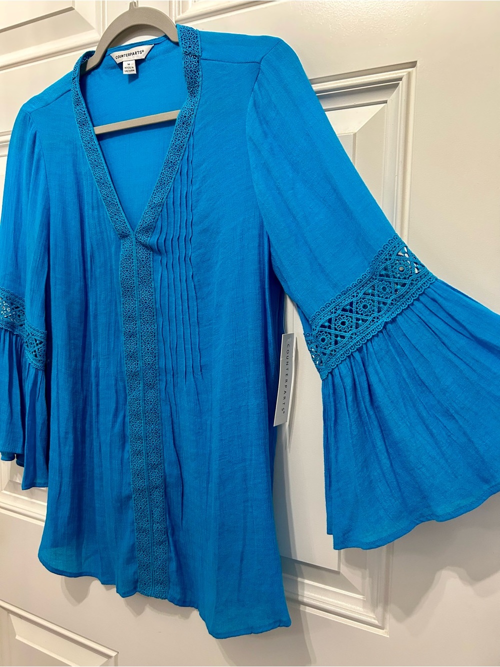 NEW Counterparts Vibrant Turquoise Teal Blue Boho 3/4 Bell Sleeve Flowy Blouse M